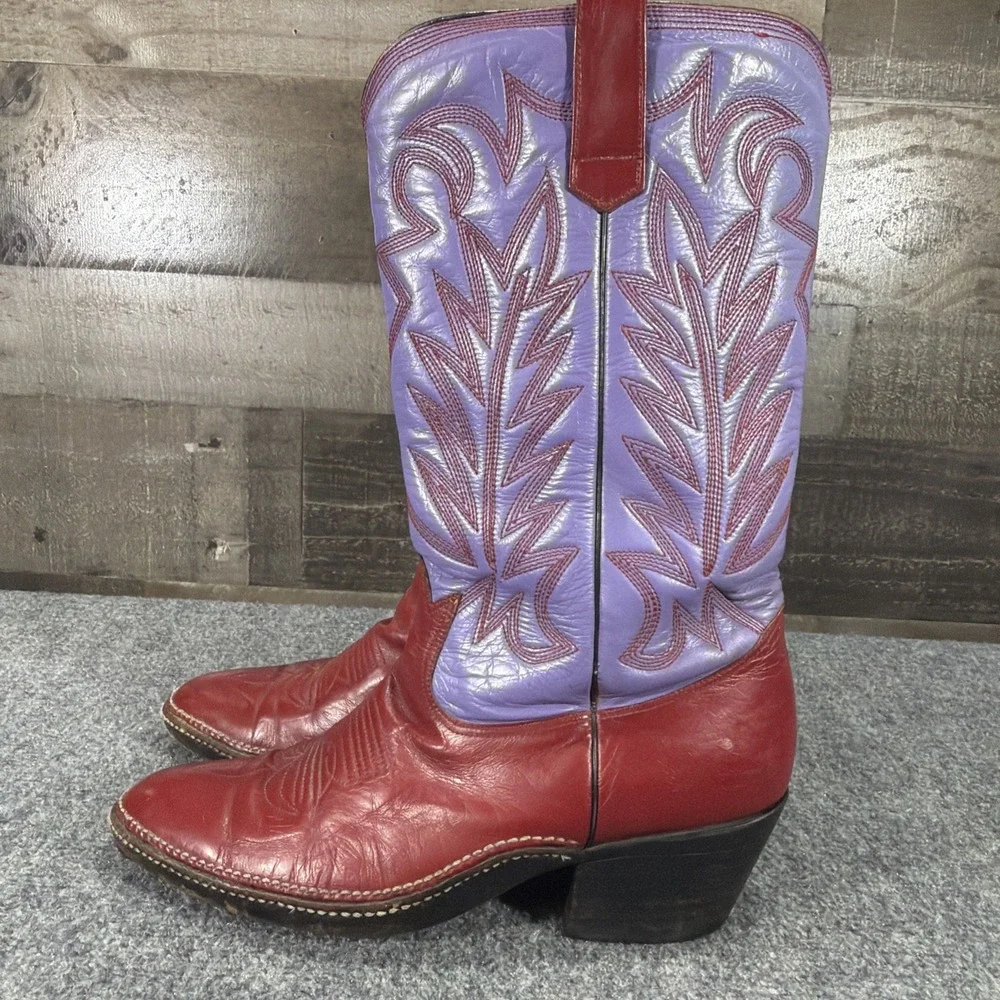 Vintage Botas Patros Leather Cowboy Boots Red Purple Stitch Western Cowgirl 10.5